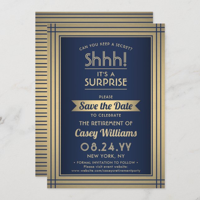 Surprise Retirement Party Shhh! Navy Blue & Gold Save The Date (Front/Back)