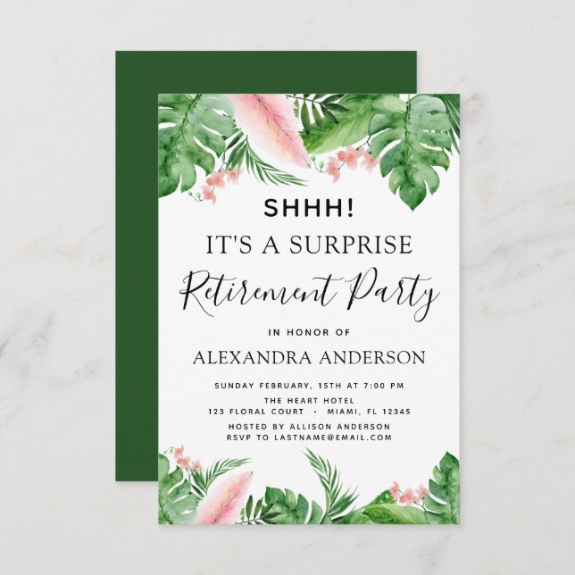Surprise Retirement Party Tropical Palm Floral Invitation (Front/Back)