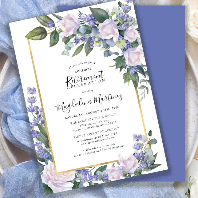  Surprise Retirement Party White Rose Blue Floral Invitation (Creator Uploaded)