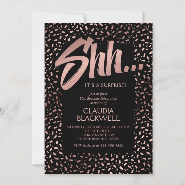 Surprise Rose Gold Confetti Birthday Invitation (Front)