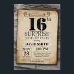 Surprise Rustic 16th Birthday Invitation Vintage<br><div class="desc">Surprise Rustic 16th Birthday Invitation with Rustic Wood Background. Vintage Retro Country. Adult Birthday. Male Men or Women Birthday. Kids Boy or Girl Lady Teen Teenage Bday Invite. 13th 15th 16th 18th 20th 21st 30th 40th 50th 60th 70th 80th 90th 100th. Any Age. For further customisation, please click the "Customise...</div>