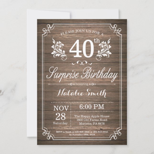 Surprise Rustic 40th Birthday Invitation Floral (Front)