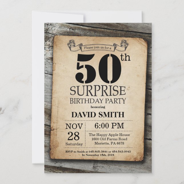 Surprise Rustic 50th Birthday Invitation Vintage (Front)