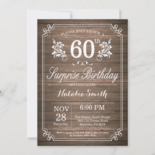 Surprise Rustic 60th Birthday Invitation Floral (Front)