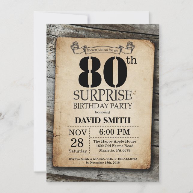 Surprise Rustic 80th Birthday Invitation Vintage (Front)