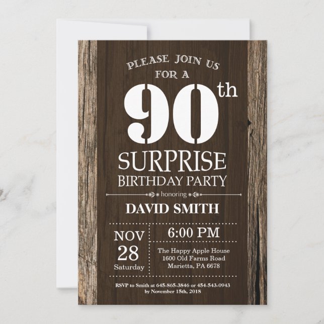 Surprise Rustic 90th Birthday Invitation Vintage (Front)