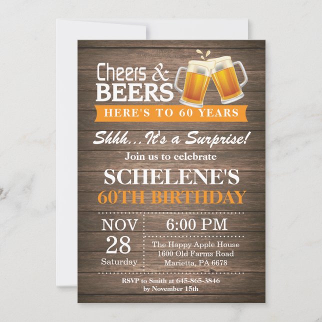 Surprise Rustic Cheers and Beers 60th Birthday Invitation (Front)