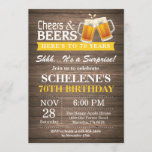 Surprise Rustic Cheers and Beers 70th Birthday Invitation<br><div class="desc">Surprise Rustic Cheers and Beers 70th Birthday Invitation Card. Rustic Wood Background. Country Vintage Retro. Adult Birthday. Yellow. 16th 18th 20th 21st 30th 40th 50th 60th 70th 80th 90th 100th. Any Age. For further customisation,  please click the "Customise it" button and use our design tool to modify this template.</div>