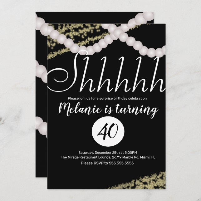 Surprise Shhhhhh Pearl Foil Birthday Party Invitation (Front/Back)
