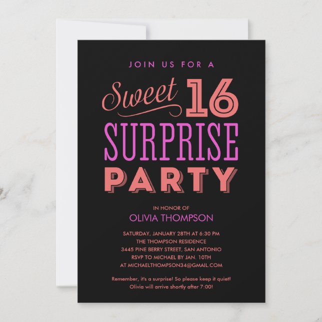 Surprise Sweet 16 Invitations (Front)
