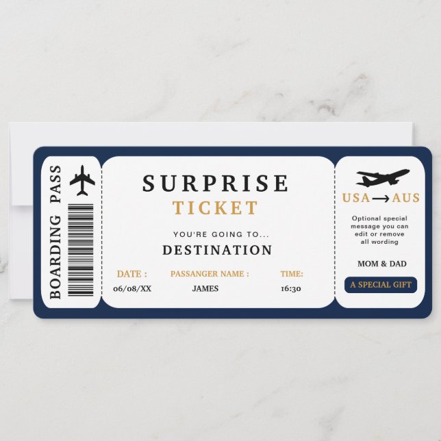 Surprise Trip Ticket  Plane Travel Boarding Pass Invitation (Front)