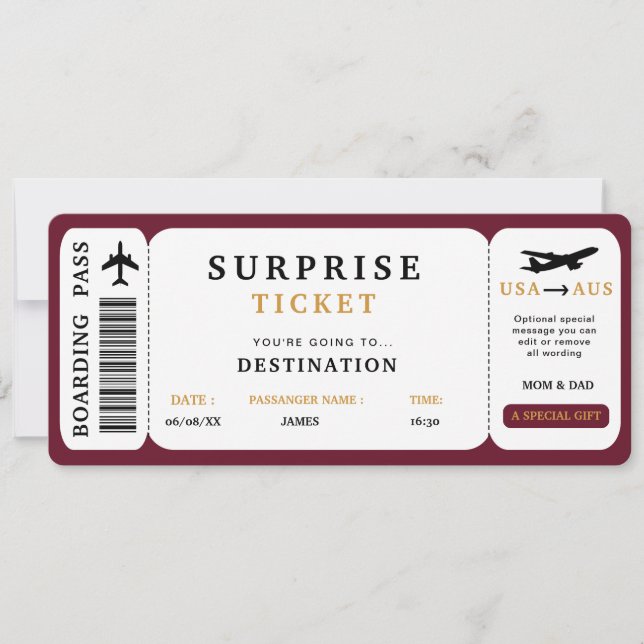 Surprise Trip Ticket  Plane Travel Boarding Pass Invitation (Front)