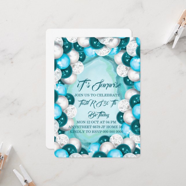 Surprise Turquoise Birthday Invitation, Adult Birt Invitation (Front/Back In Situ)