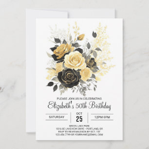 Surprise Wildflowers Gold and Black 50th Birthday Invitation