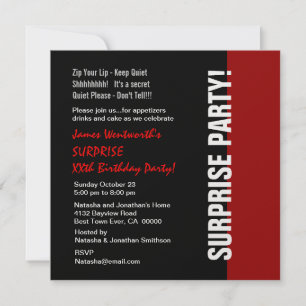 SURPRISE XXth Year Birthday Modern Black Red White Invitation