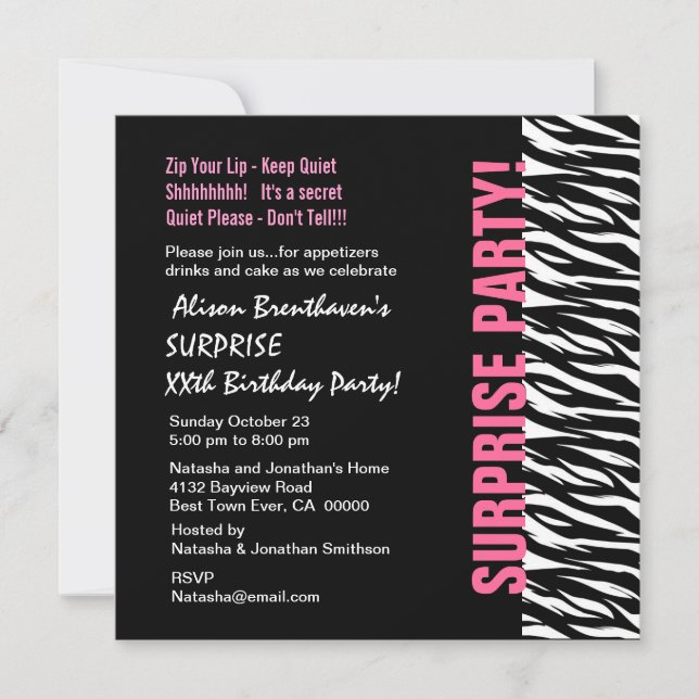 SURPRISE Year Birthday Pink and Black Zebra V054 Invitation (Front)