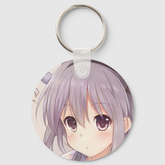 Surprised anime girl grey hair plum eyes manga key ring (Front)