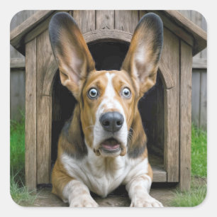 Surprised Basset Hound In a Doghouse Square Sticker
