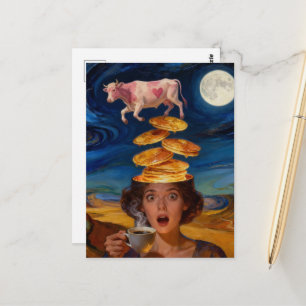 Surprised Breakfast Lady Pancakes Coffee Pink Cow Postcard