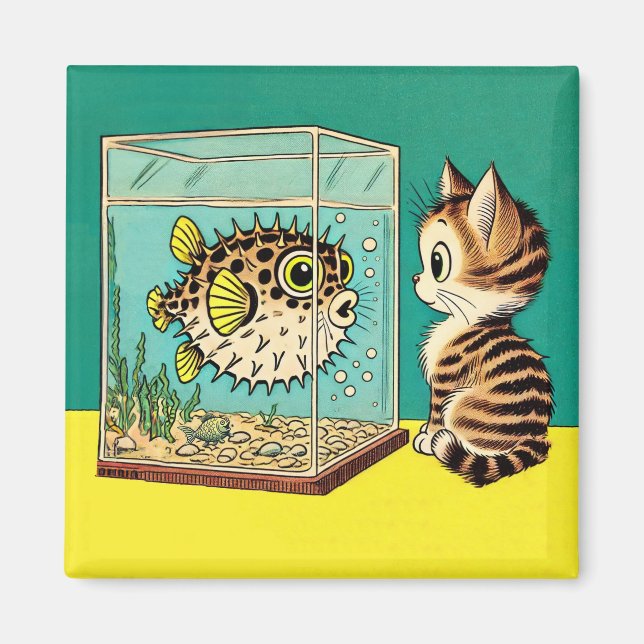 Surprised cat and puffer fish magnet  (Front)