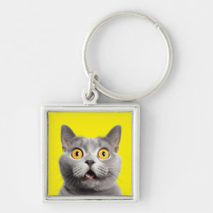 Surprised Funny Crazy Cat Yellow Key Ring