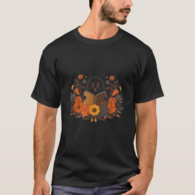 Surprised Ghost Reading Book Cosy Fall Pumpkin Des T-Shirt (Front)