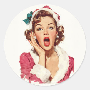 Surprised Retro Christmas Pin-Up Classic Round Sticker