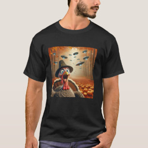 Surprised turkey Selfie With alien UFO thanksgivin T-Shirt