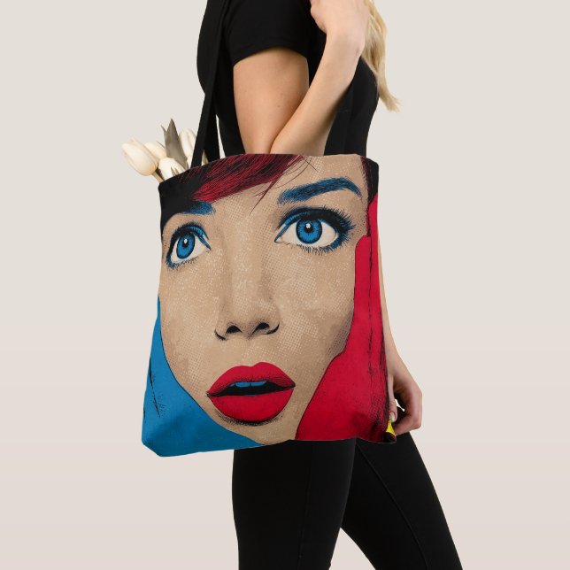 Surprised Woman in Pop Art Tote Bag (Close Up)
