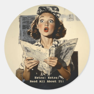 Surprised Woman Reading Newspaper Classic Round Sticker