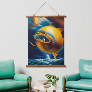 Surreal Abstract Flying Submarine Ocean Life Hanging Tapestry