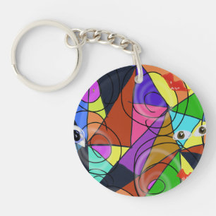 Surreal Abstract Geometric Patterns with Eyes Key Ring