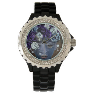 Surreal Abstract Indigo Face & Flowers Watch