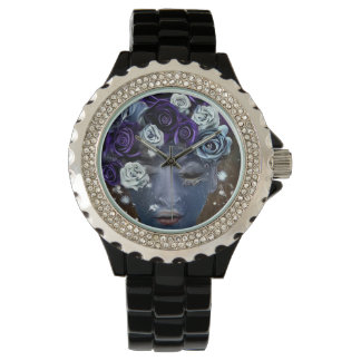Surreal Abstract Indigo Face & Flowers Watch