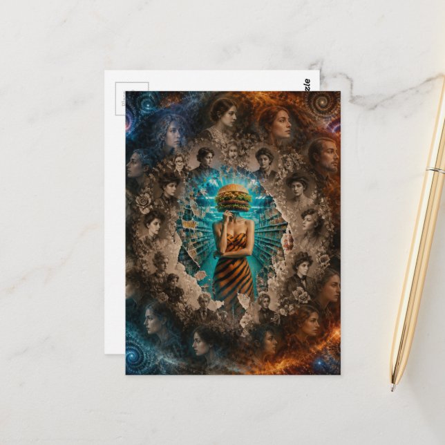 Surreal Abstract Lady Cheeseburger Head Circle Postcard (Front/Back In Situ)