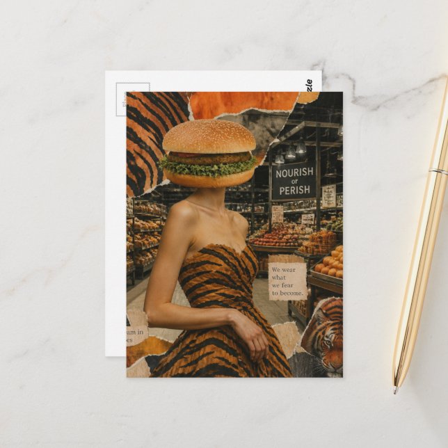 Surreal Abstract Lady with a Cheeseburger Head Postcard (Front/Back In Situ)