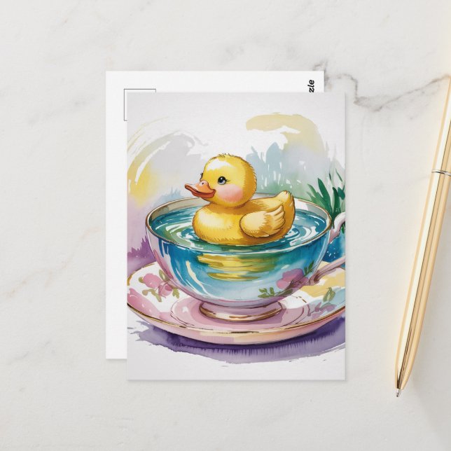 Surreal Adorable duckling in a teacup Postcard (Front/Back In Situ)