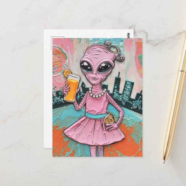 Surreal Alien Lady in Pink With Orange Juice Postcard (Front/Back In Situ)