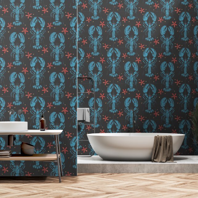 Surreal Animal Design With blue lobsters Pattern. Wallpaper (Bathroom)