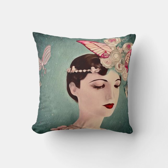 Surreal Art Deco Girl & Butterflies Cushion (Front)