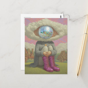 surreal art head in the clouds disco style postcard