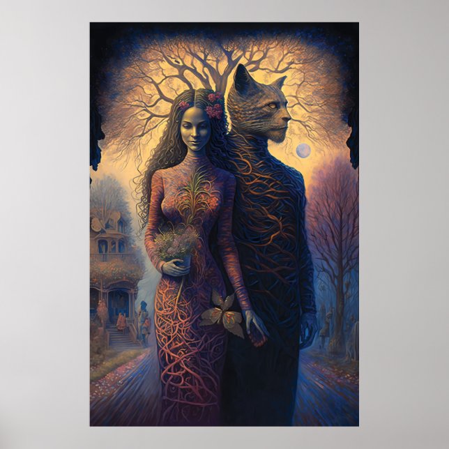 Surreal art. Woman and a cat man holding hands Poster (Front)
