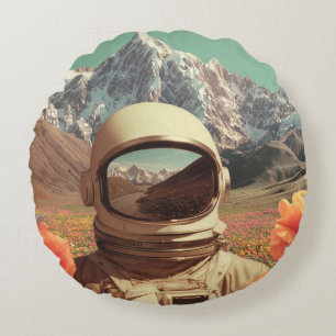 Surreal Astronaut In Flower Field Round Cushion