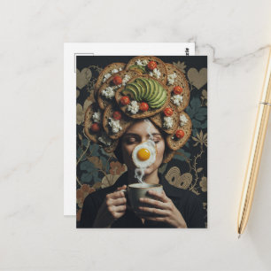 Surreal Avocado Toast Tomato and Coffee woman  Postcard