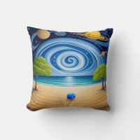 Surreal Beach Scene with Planets, Swirling Sky