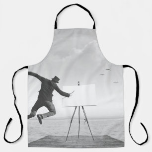 surreal black and white art painter drawing on a c apron