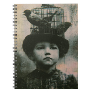 Surreal Black and White Caged Bird and Child Retro Notebook