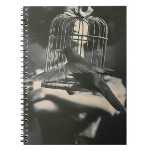 Surreal Black and White Caged Bird and Lady Notebook