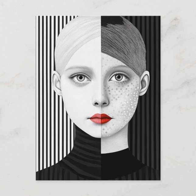 Surreal Black and White Face Red Lips Postcard (Front)