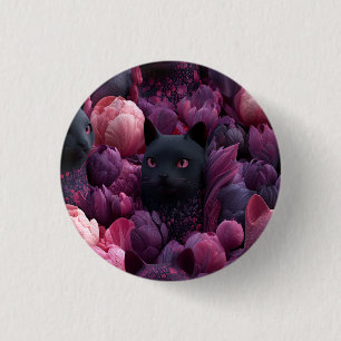 Surreal Black Cat and Pink Peony Floral Pattern 3 Cm Round Badge